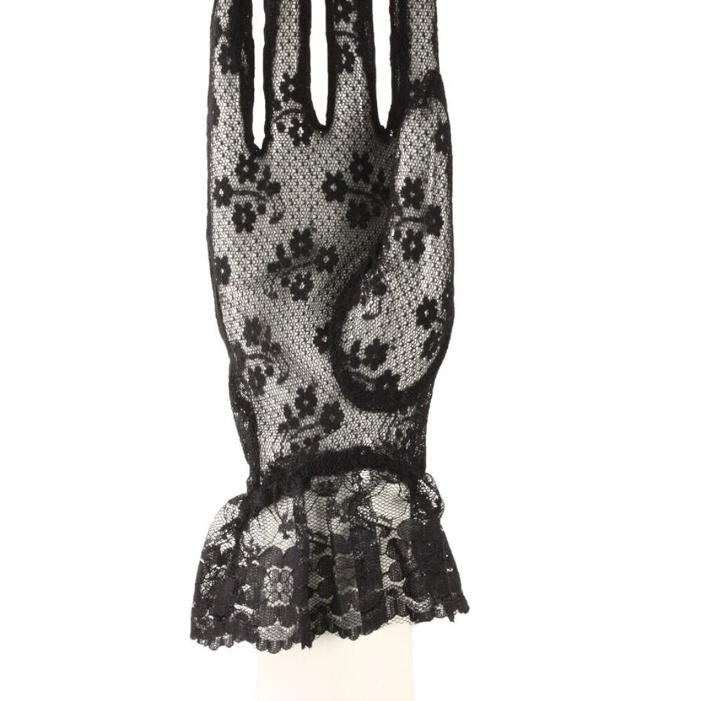 Black Lace Gloves Wrist Length w Ruffle Dressy Weddings Party Bridal Prom - Picture 4 of 5